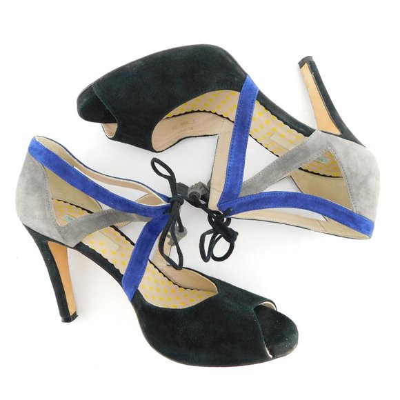 BODEN Black Gray Blue Suede Leather Tassel Tie Ankle Caged Heel Pumps 39 - Picture 5 of 10